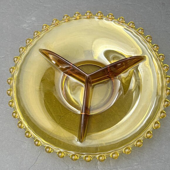 Vintage Amber Glass 3 Divided Serving Plate Dish Beaded Edge 70s 80s Art Deco - Picture 2 of 10